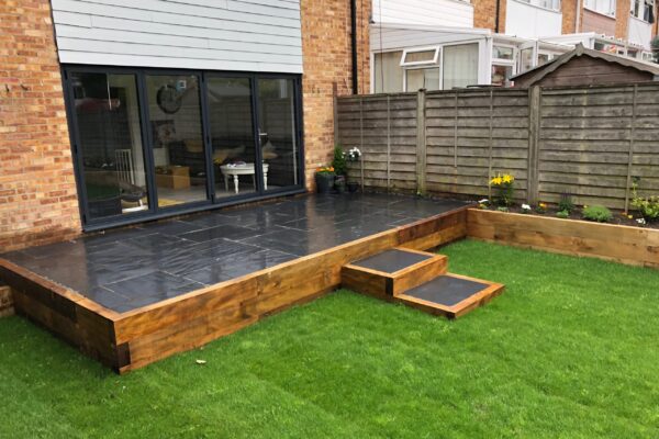 10 - Raised Slate patio, Sleeper-Work & Fresh Turf